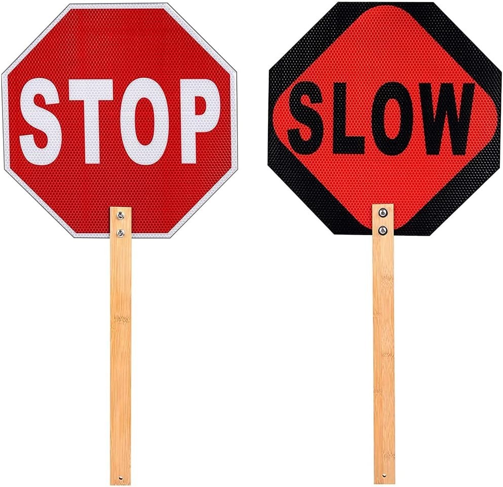 Portable Aluminum Handheld Stop Slow Sign, 13 Inch with Sturdy Bamboo Handle