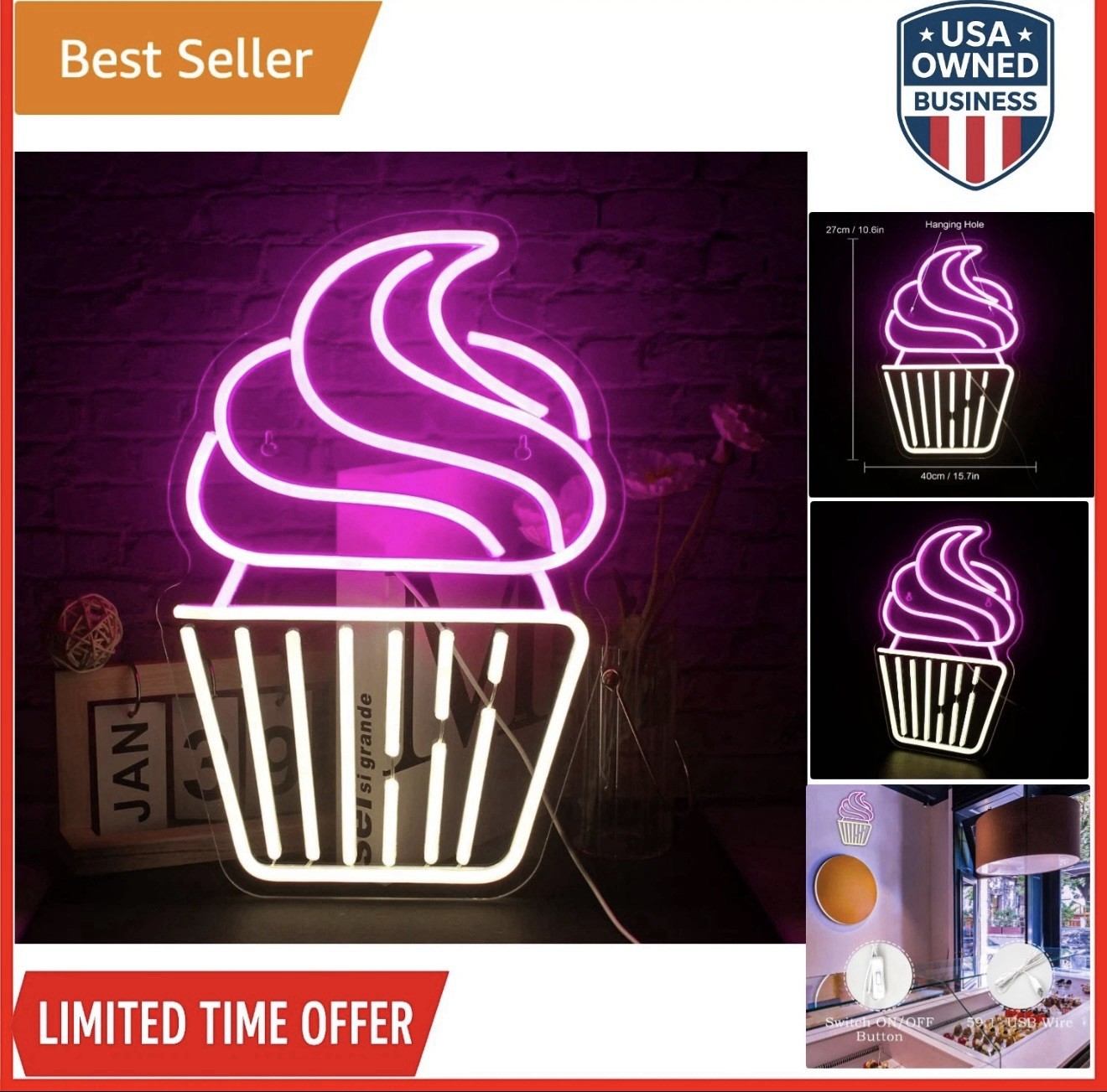 Neon Sign LED Cupcake Wall Decor Pink Warm White Bakery Party Lights