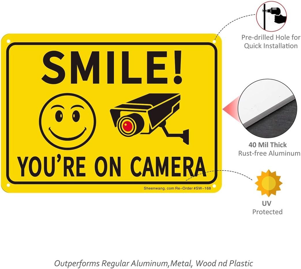 2-Pack Smile You’Re on Camera Sign, Video Surveillance Signs Outdoor, UV Printed