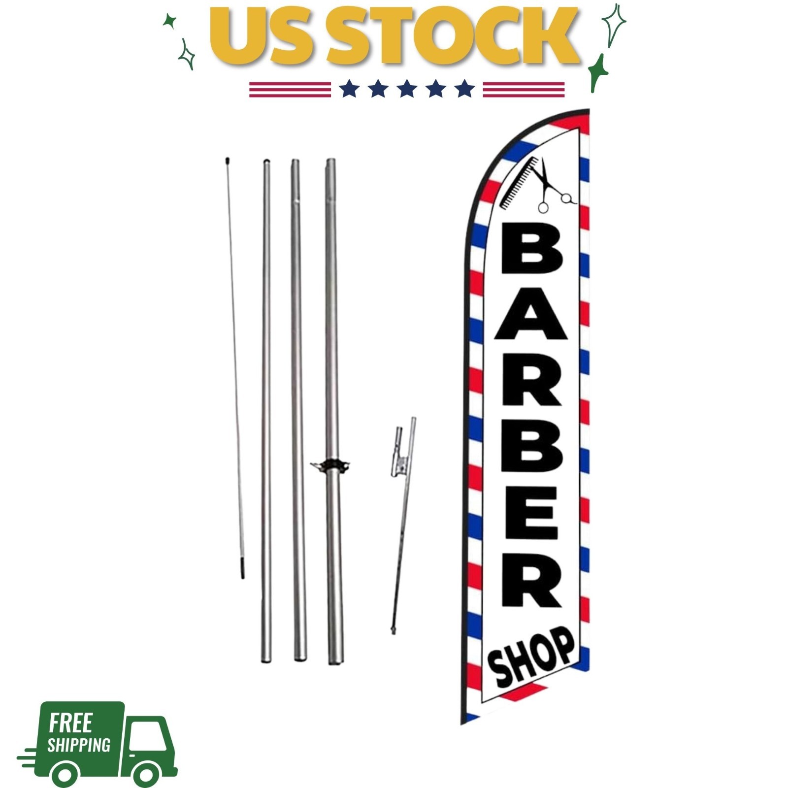 NEW Barber Shop Feather Flag 15ft Pole Ground Spike Business Banner White Set