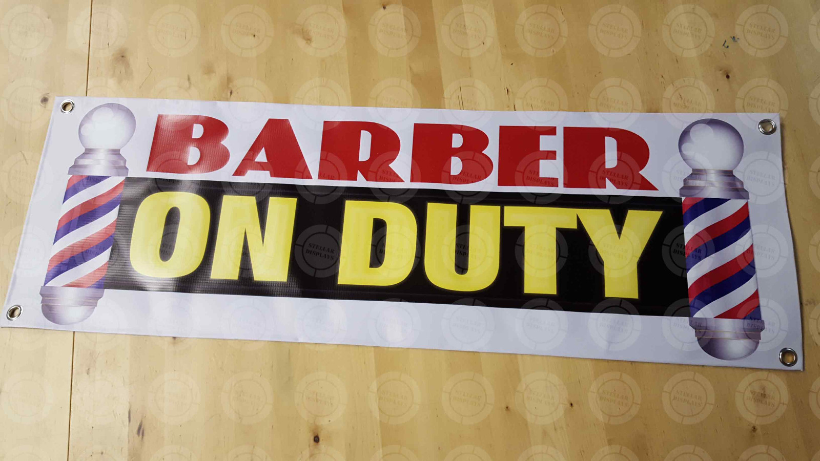 YES WE&rsquo;RE OPEN Banner Barbershop On Duty Sign Hiring Display Barber Pole Cheap