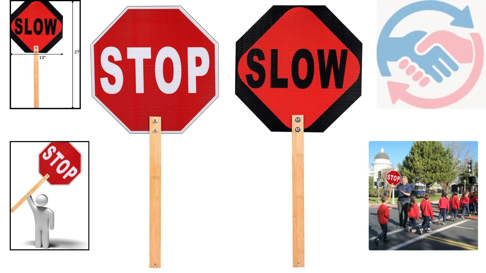 Portable Aluminum Handheld Stop Slow Sign, 13 Inch with Sturdy Bamboo Handle