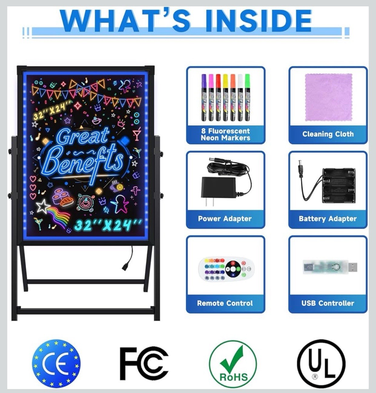 Hosim Standing A-Frame LED Message Writing Board, 32”x 24&Prime; Illuminated Sign NEW