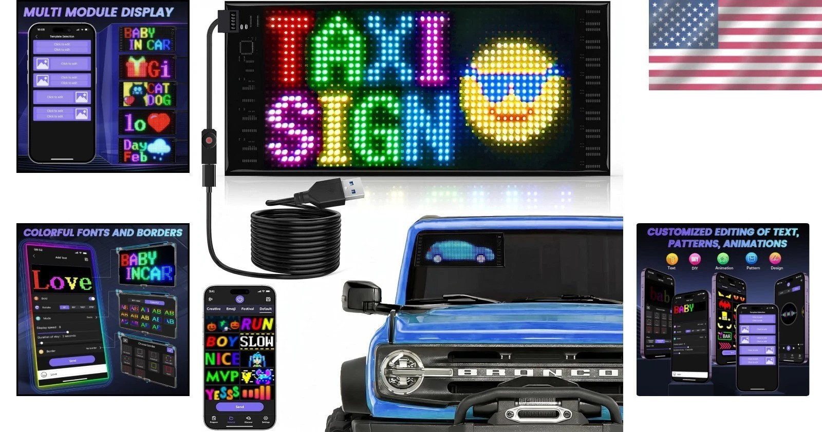 Vibrant Dual Row LED Light Sign for Cars – 10.6 »x4.7 » with APP Control