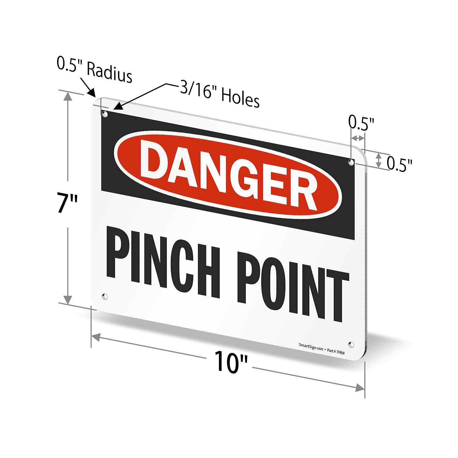 7×10 inch Danger Pinch Point OSHA Sign 55 mil HDPE Plastic Pre-Cleared Holes