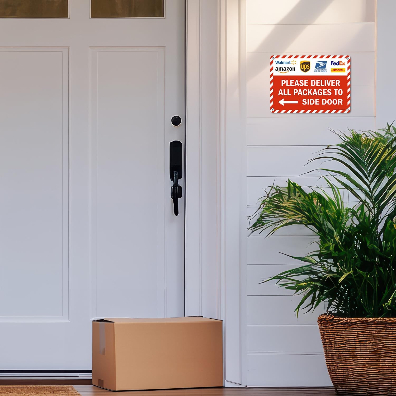 14×10 Inch Metal Delivery Sign Deliver All Packages To Side Door Left Arrow