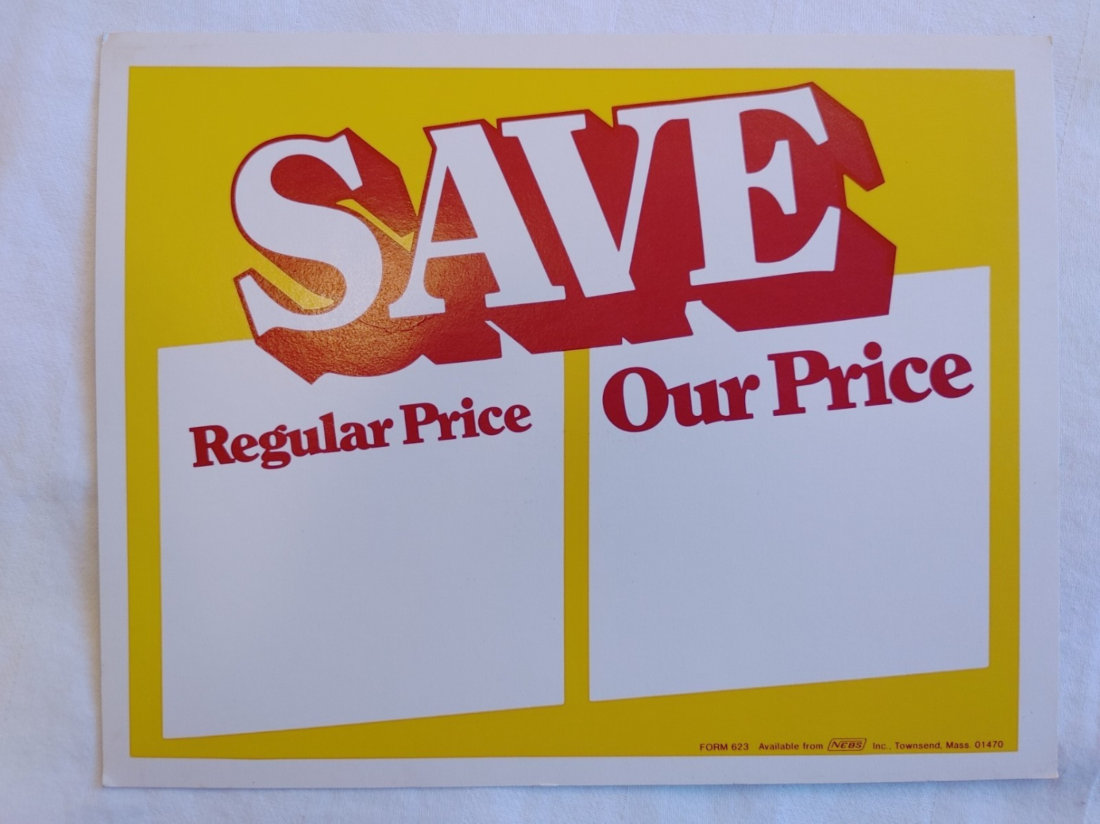 Vintage Save Regular Price Our Price Card NEBS Form #623 Yellow Red 5-1/2&Prime; x 7&Prime;