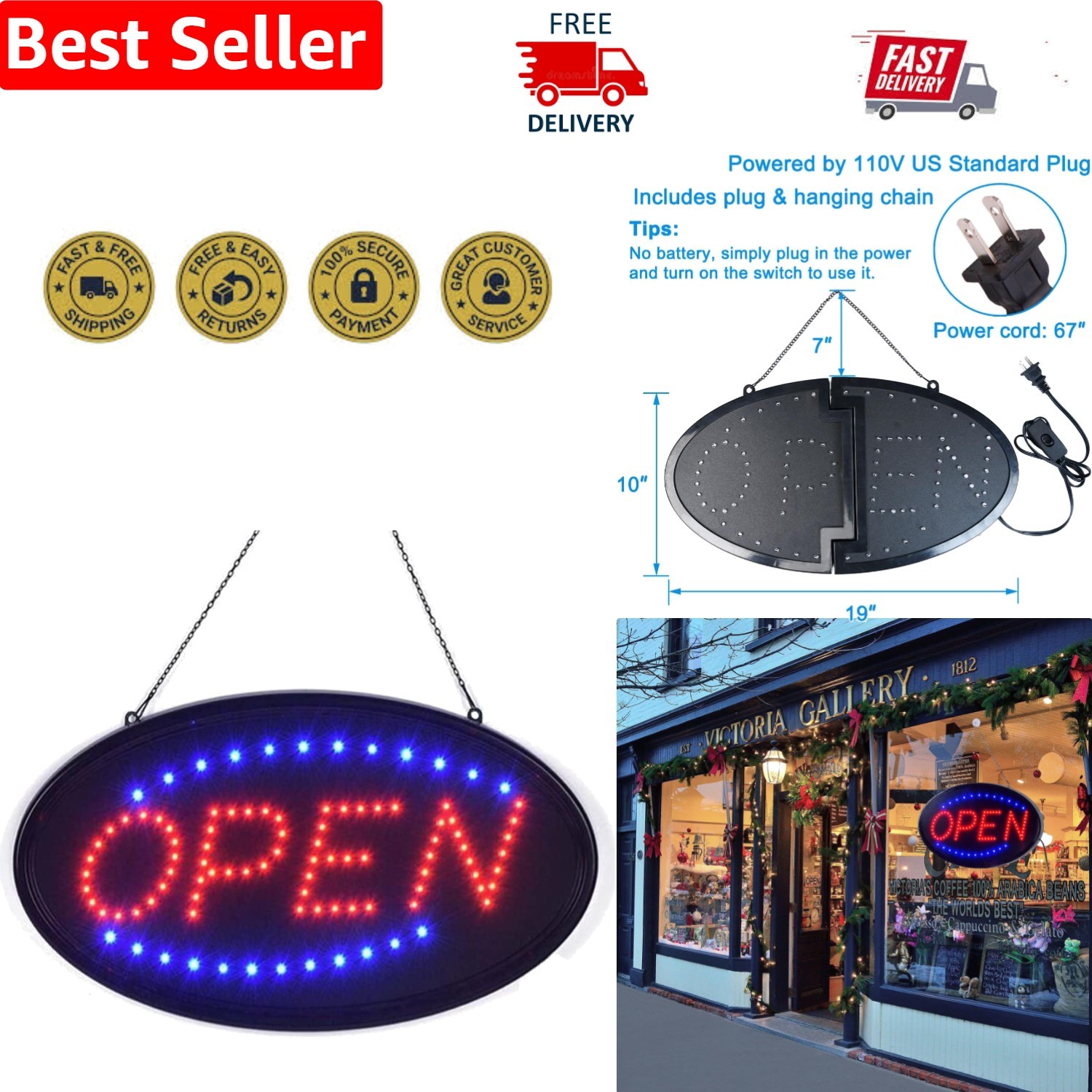 Attract Customers with 19&Prime; x 10&Prime; LED Open Sign – Wall-Mountable, Stylish Design