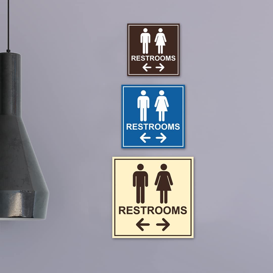 Large Square Restrooms Left Right Arrow Sign Brushed Silver Wall Door Mount