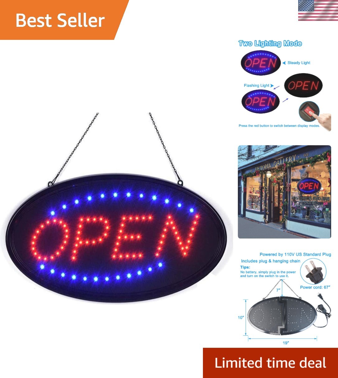 LED Open Sign, 19&Prime;x10&Prime; Bright High Visibility Advertisement Board Electric Di…