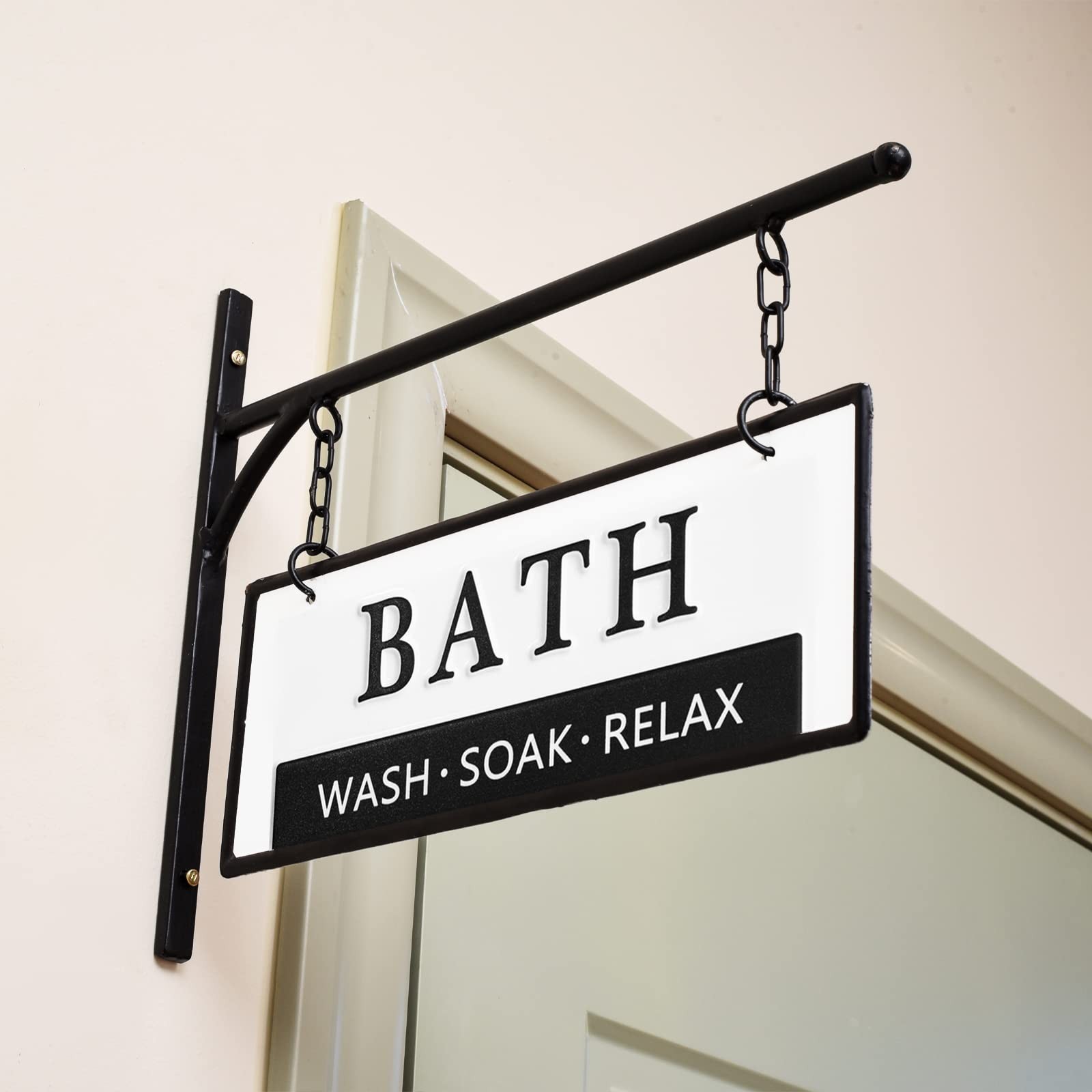 Double-Sided Bathroom Door Hanging Sign, Embossed Black on White Enamel Metal…