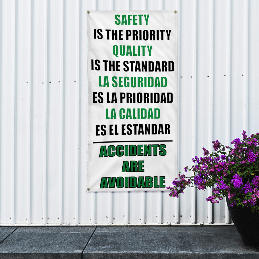 Vertical Vinyl Banner Multiple Sizes Safety Priority Quality Standard Spanish