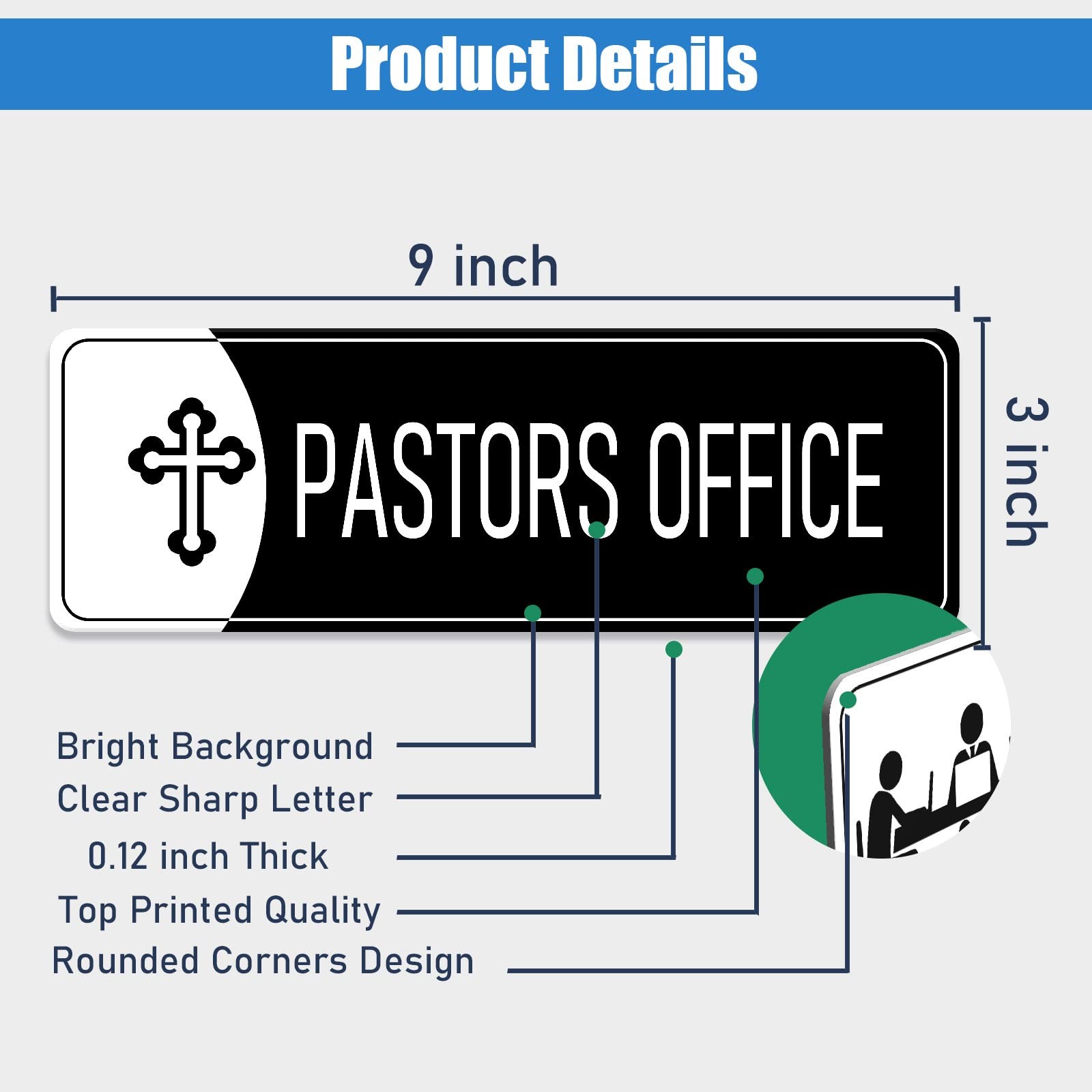 9×3 Inch Black White Pastors Office Sign Acrylic Self Stick Door Wall Signage