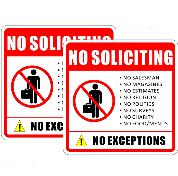 (2 Pack) 6&Prime; X 6&Prime; NO SOLICITING Sign Back Self Adhesive Vinyl Decal Sticker