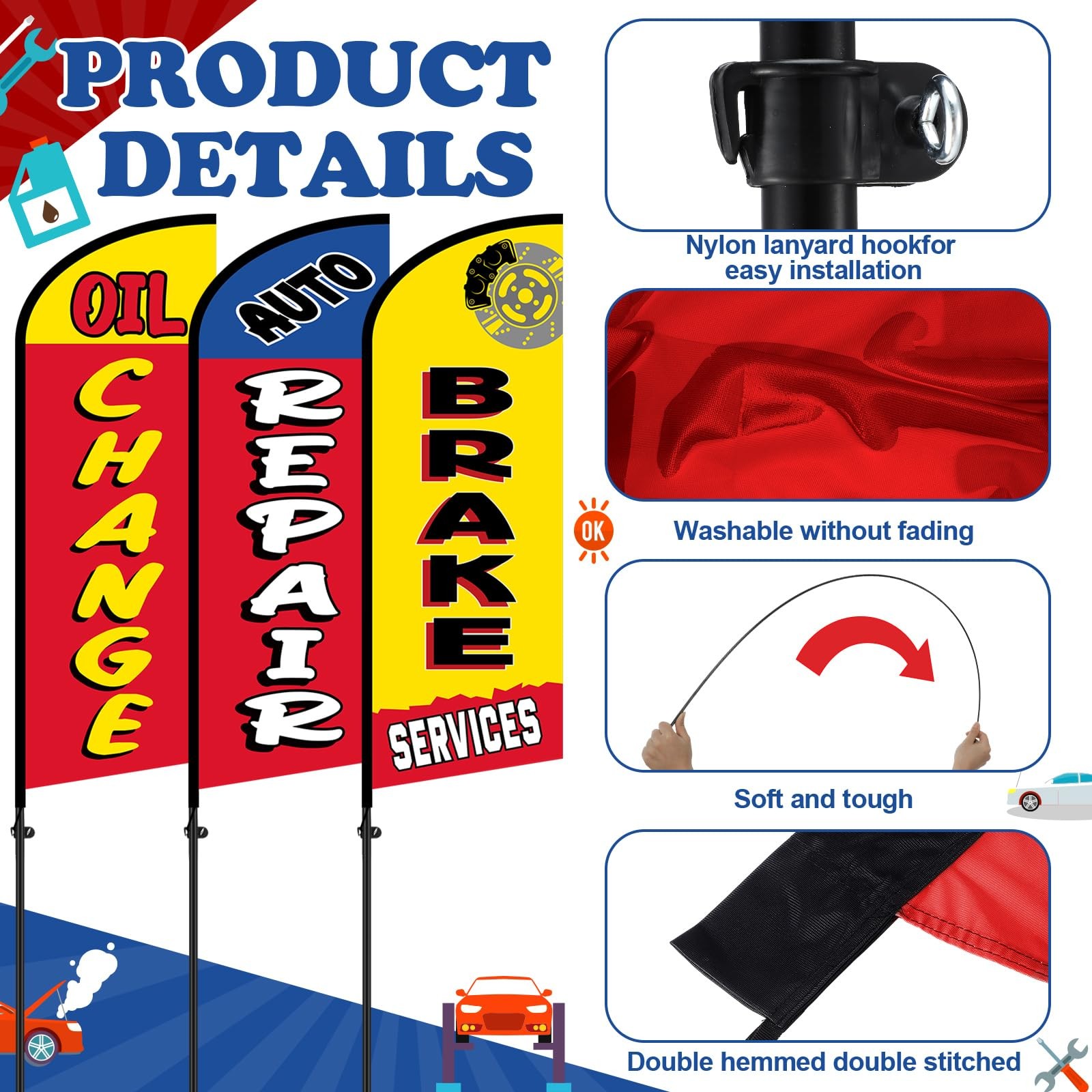 Hahafelt 3 Sets Auto Repair Feather Flag Pole Kit 7 Ft Large Advertising Flags