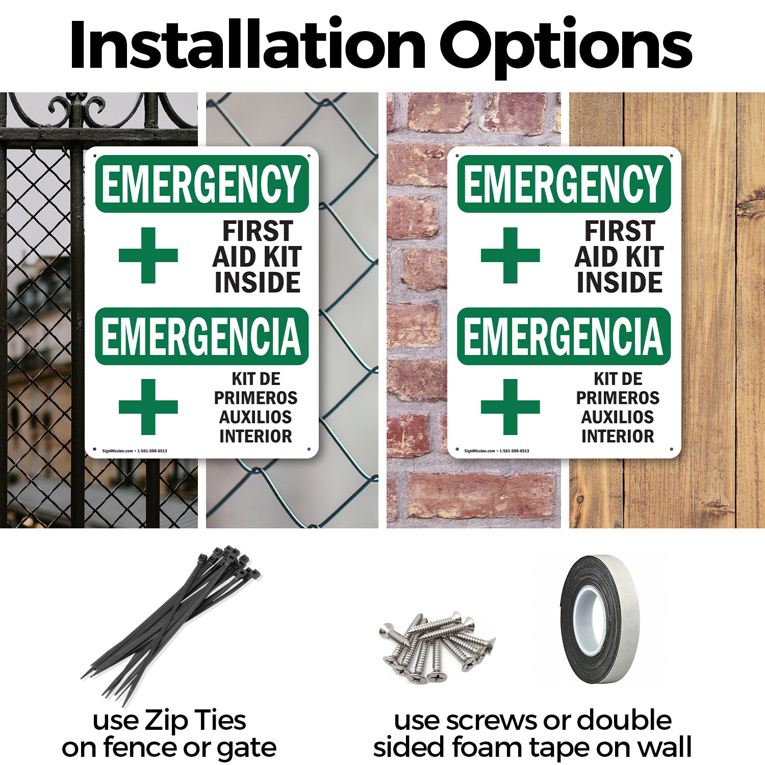 (2 Pack) First Aid Kit Inside Bilingual OSHA Emergency Sign Decal Metal Plastic