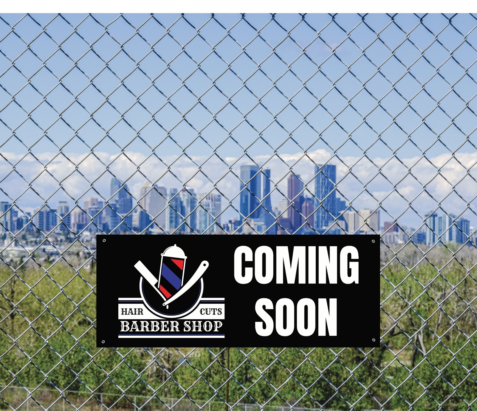 Barber Shop Banner with Hair Cuts Graphic, Coming Soon Sign, 48×20 Inches
