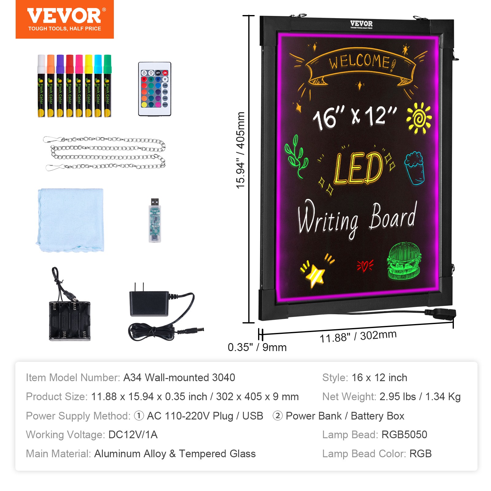 VEVOR LED Message Writing Board 16&Prime;x12&Prime; Illuminated Erasable Lighted Chalkboard