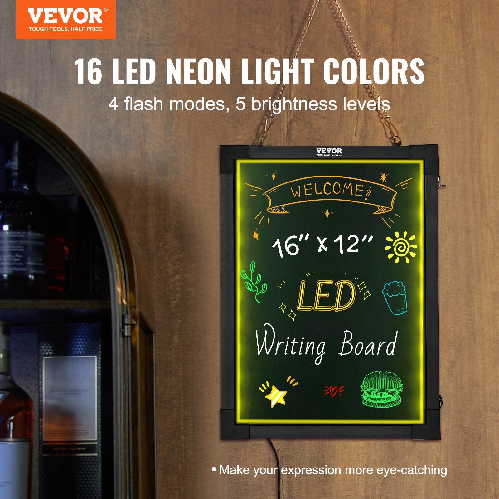 VEVOR LED Message Writing Board 16&Prime;x12&Prime; Illuminated Erasable Lighted Chalkboard