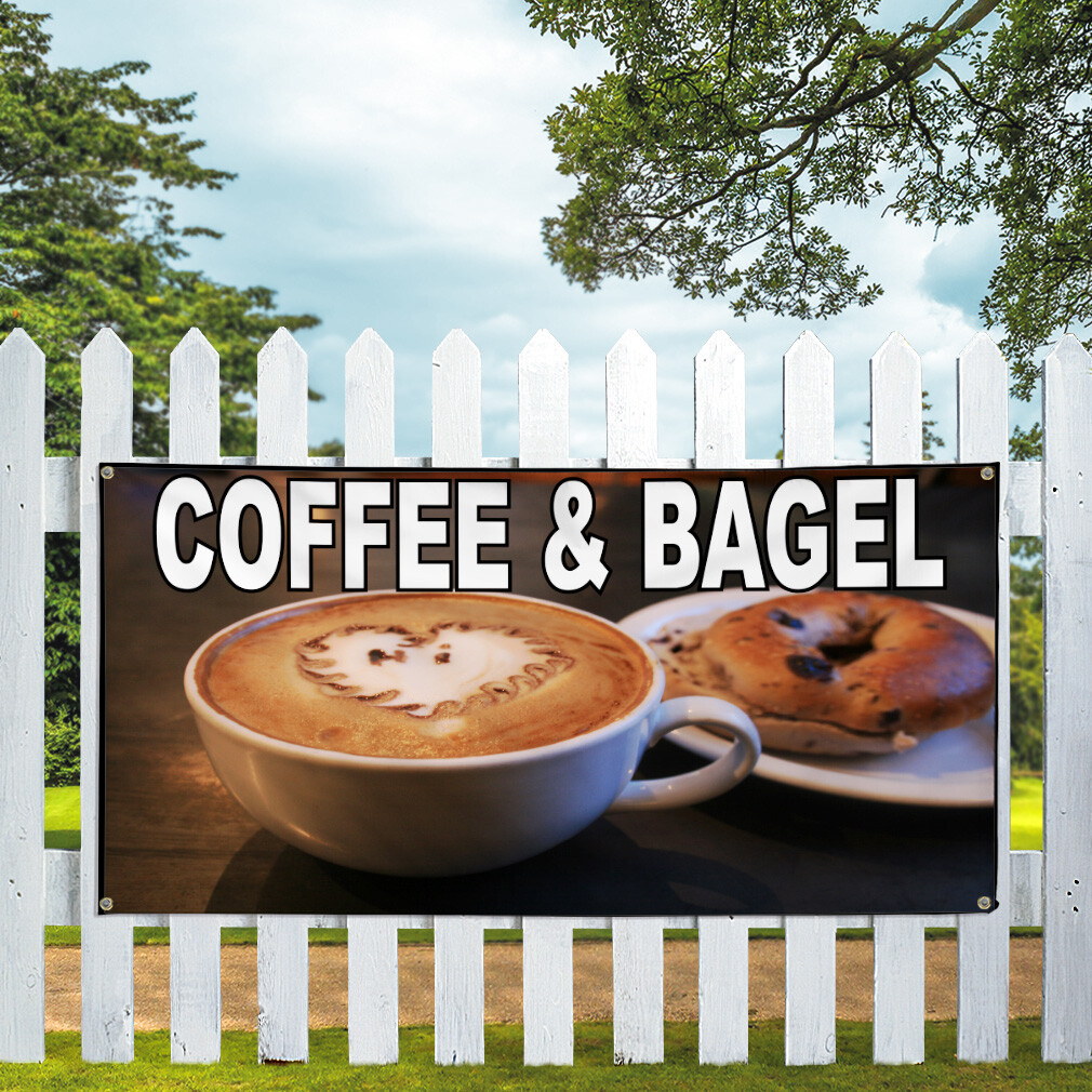 Vinyl Banner Multiple Sizes Coffee and Bagel Food Fair Restaurant Cafe Market