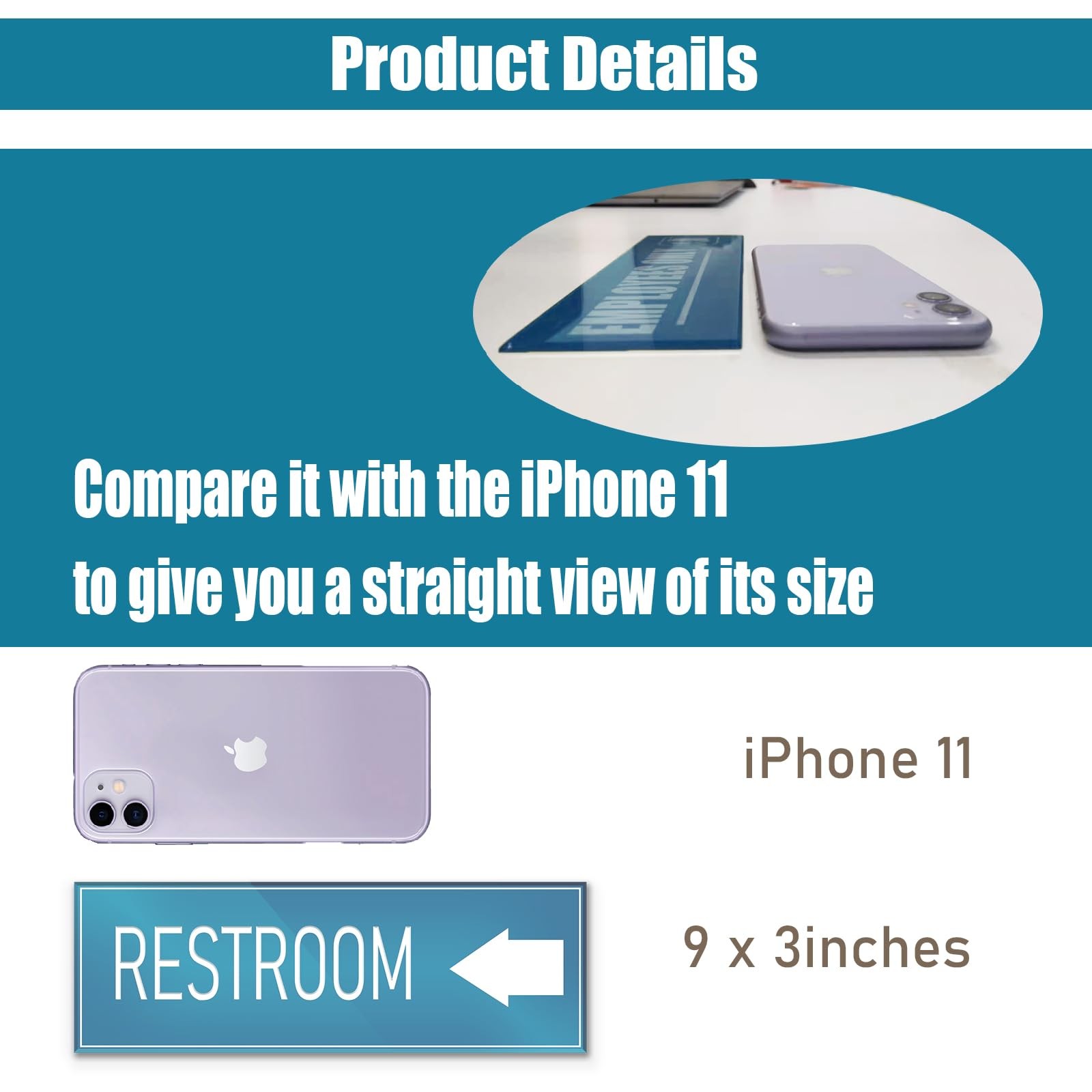 9×3 Inch Blue Restroom Left Arrow Directional Sign Adhesive Door Wall Set