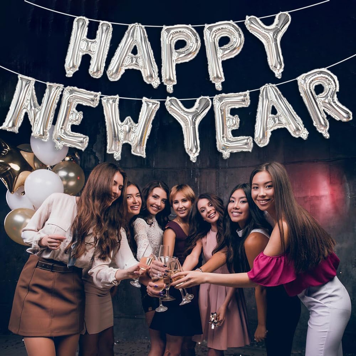 Silver New Year Letter Balloons NYE Balloon Banner for Happy New Year Backdro…