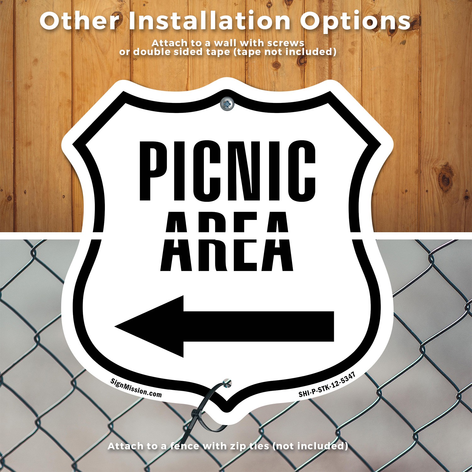 Picnic Area Left Shield Shaped Sign With Stake Crafted in the USA