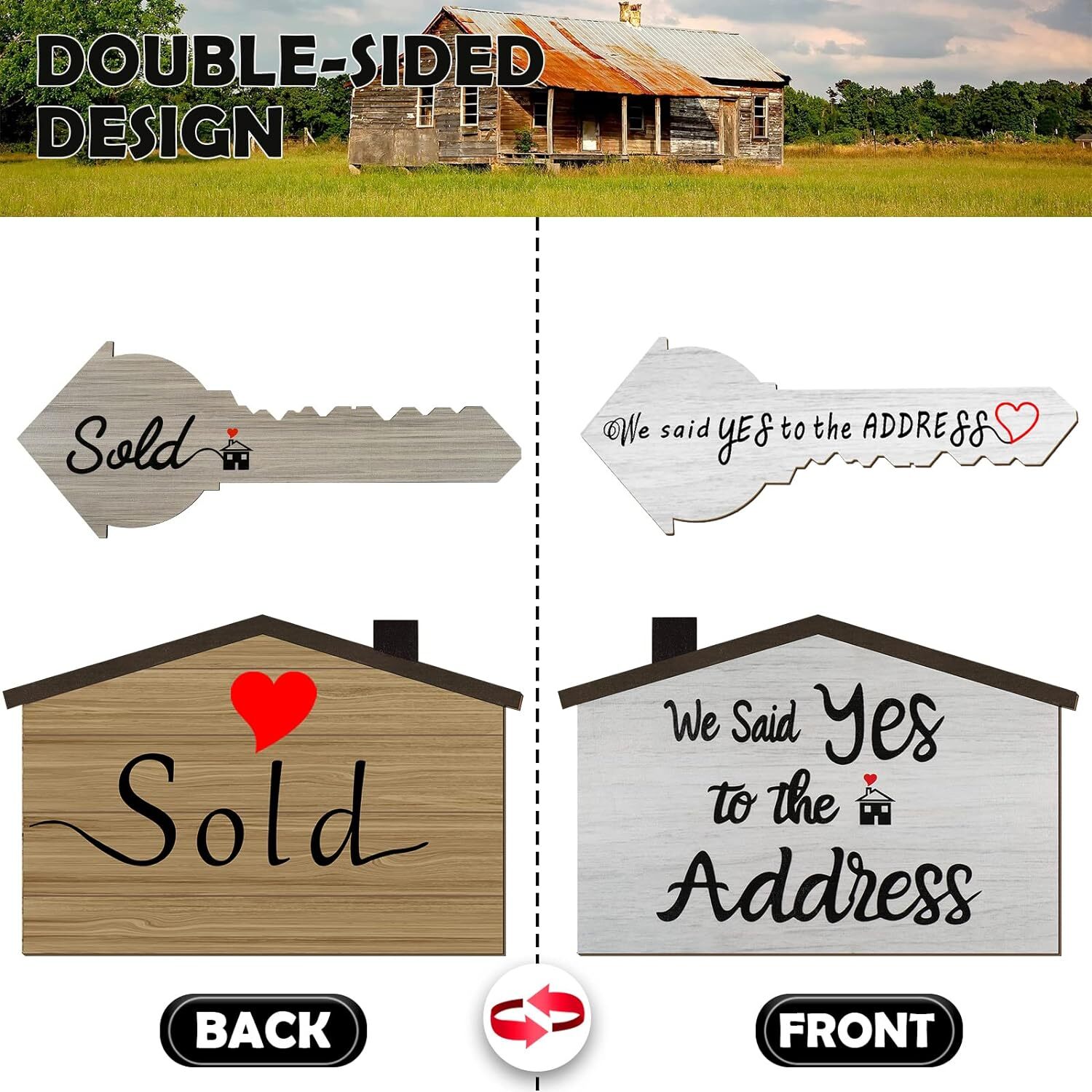2 Pieces Real Estate Sold Signs, Wooden Double-Sided Social Media Photo Props,