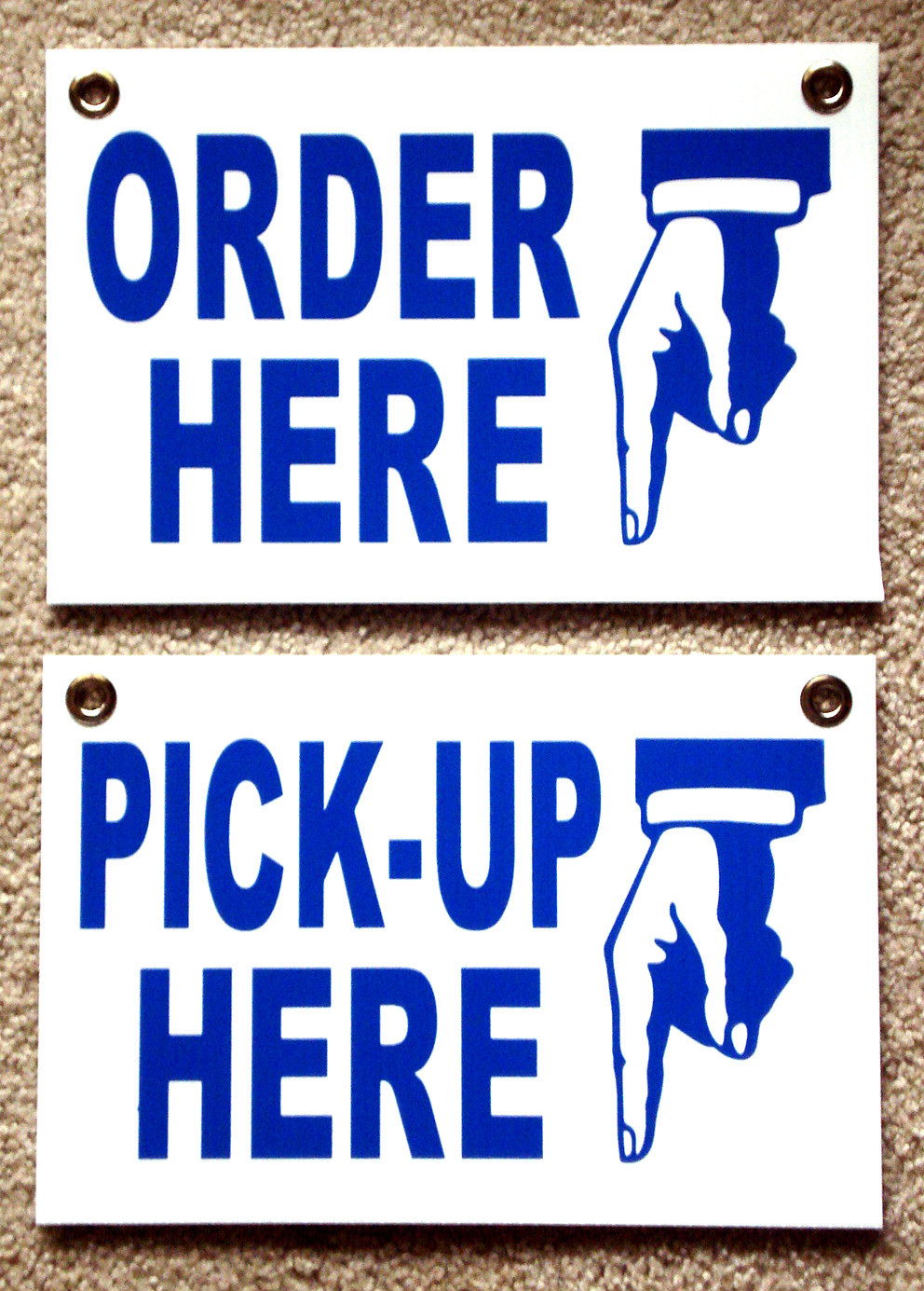 ORDER HERE & PICK-UP HERE Plastic SIGNS 8X12 w/Grommets Restaurant Blue
