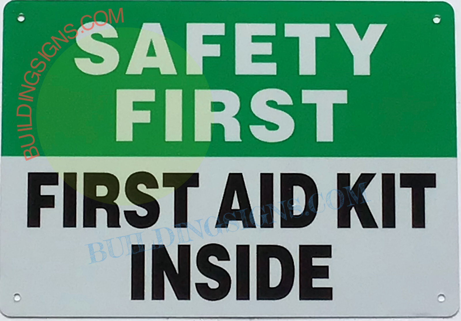 FIRST AID KIT INSIDE SIGN (7X10 White/GREEN, Aluminum)-REF24-1027