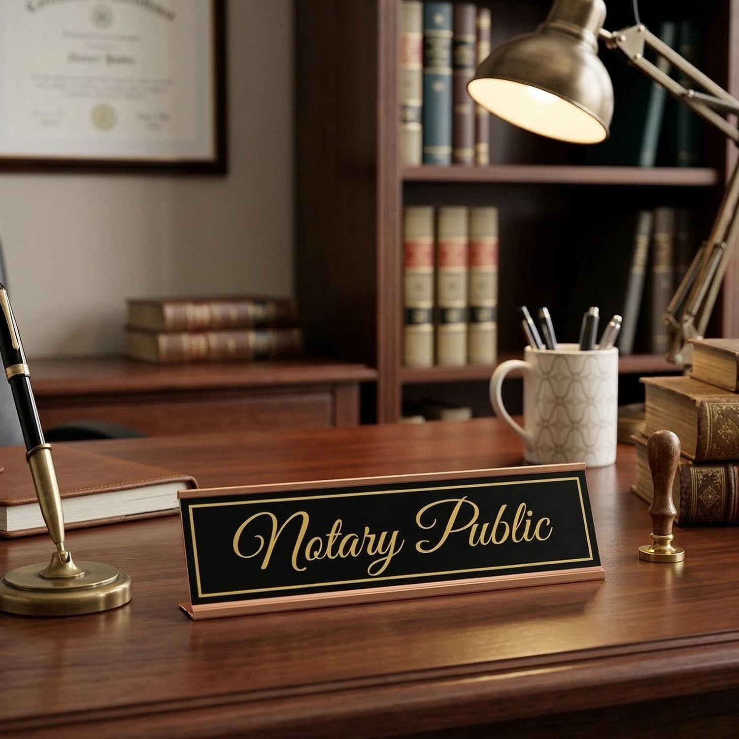 Signs ByLITA Notary Public Gold Frame Desk Sign (2×8&Prime;)