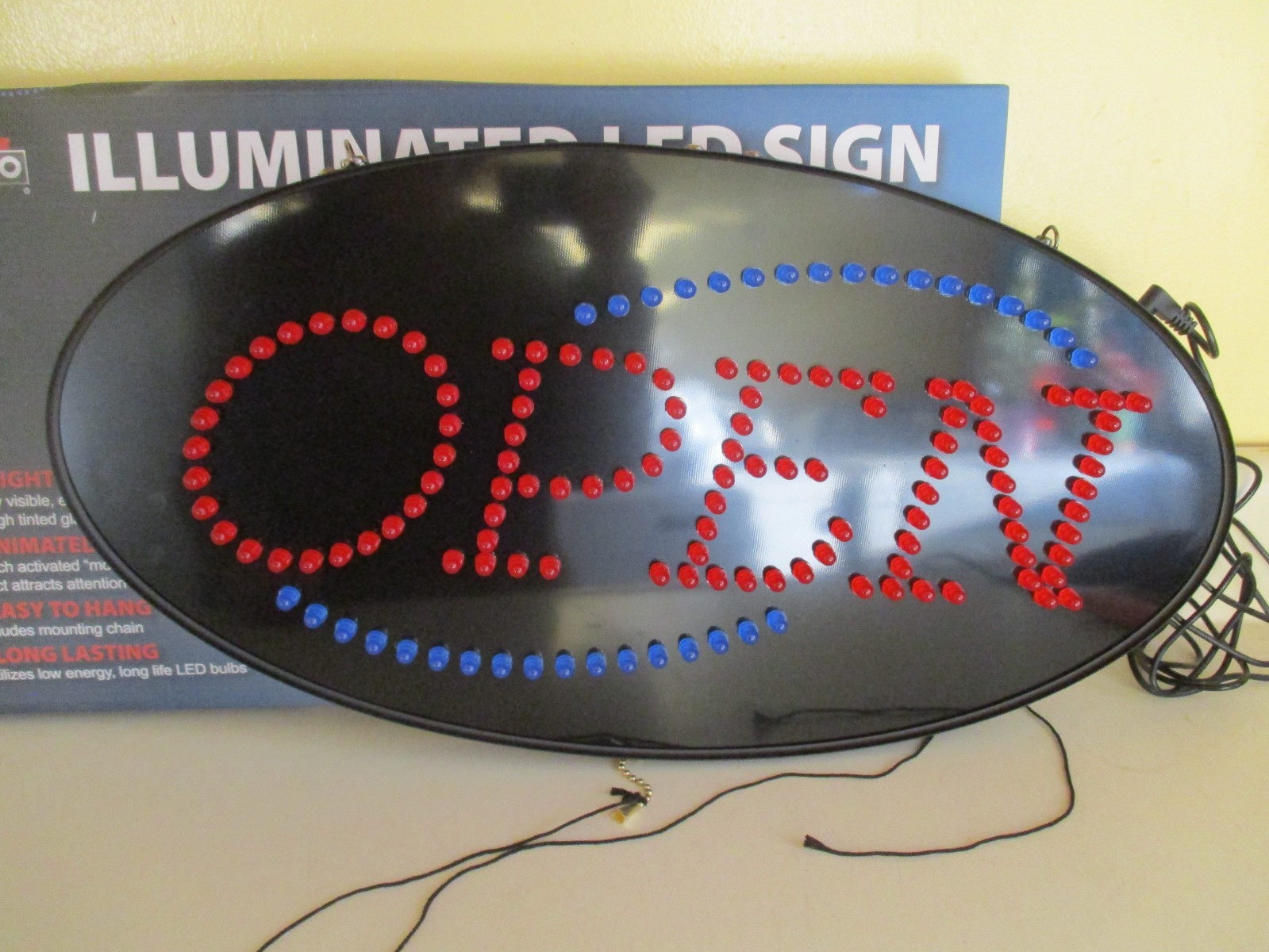 Cosco LED Open Sign 10-1/2&Prime;H x 20&Prime;W x 1-1/4&Prime;D, Black W/Flashing Red/Blue Lights