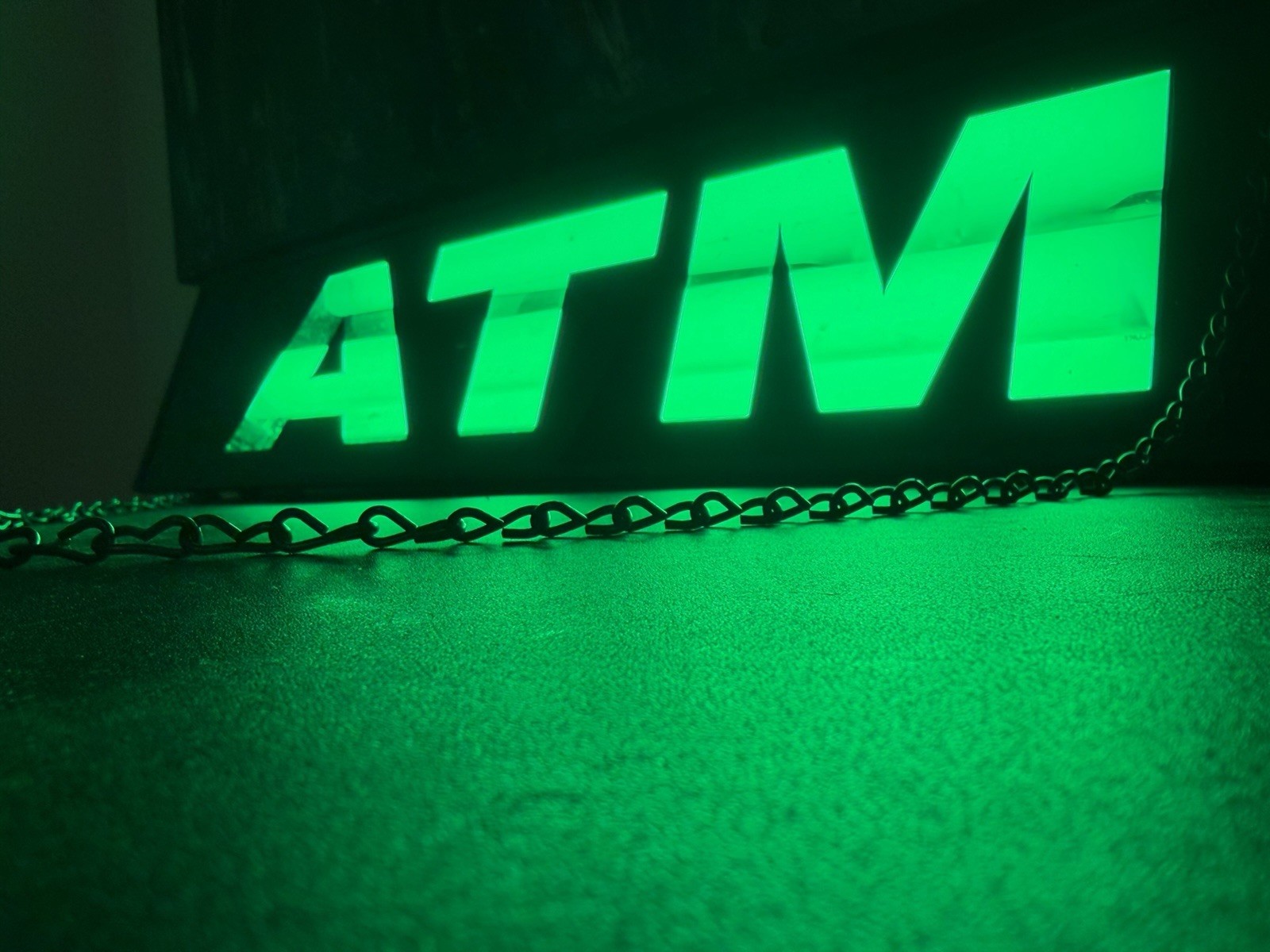 Vintage Hanging Neon Green ATM sign. Illuminating Florescent Bulb. 6” x 28”