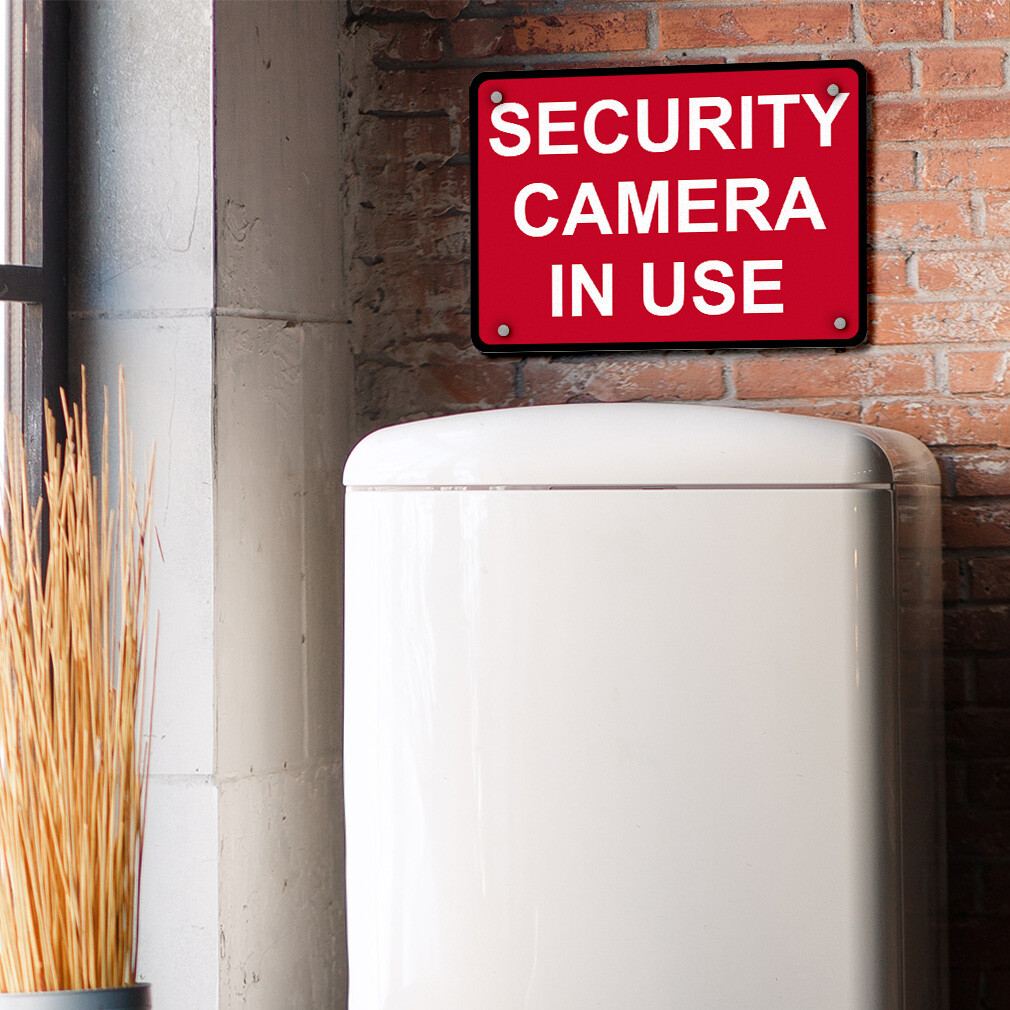 Horizontal Metal Sign Security Camera in Use White on Red Video Surveillance
