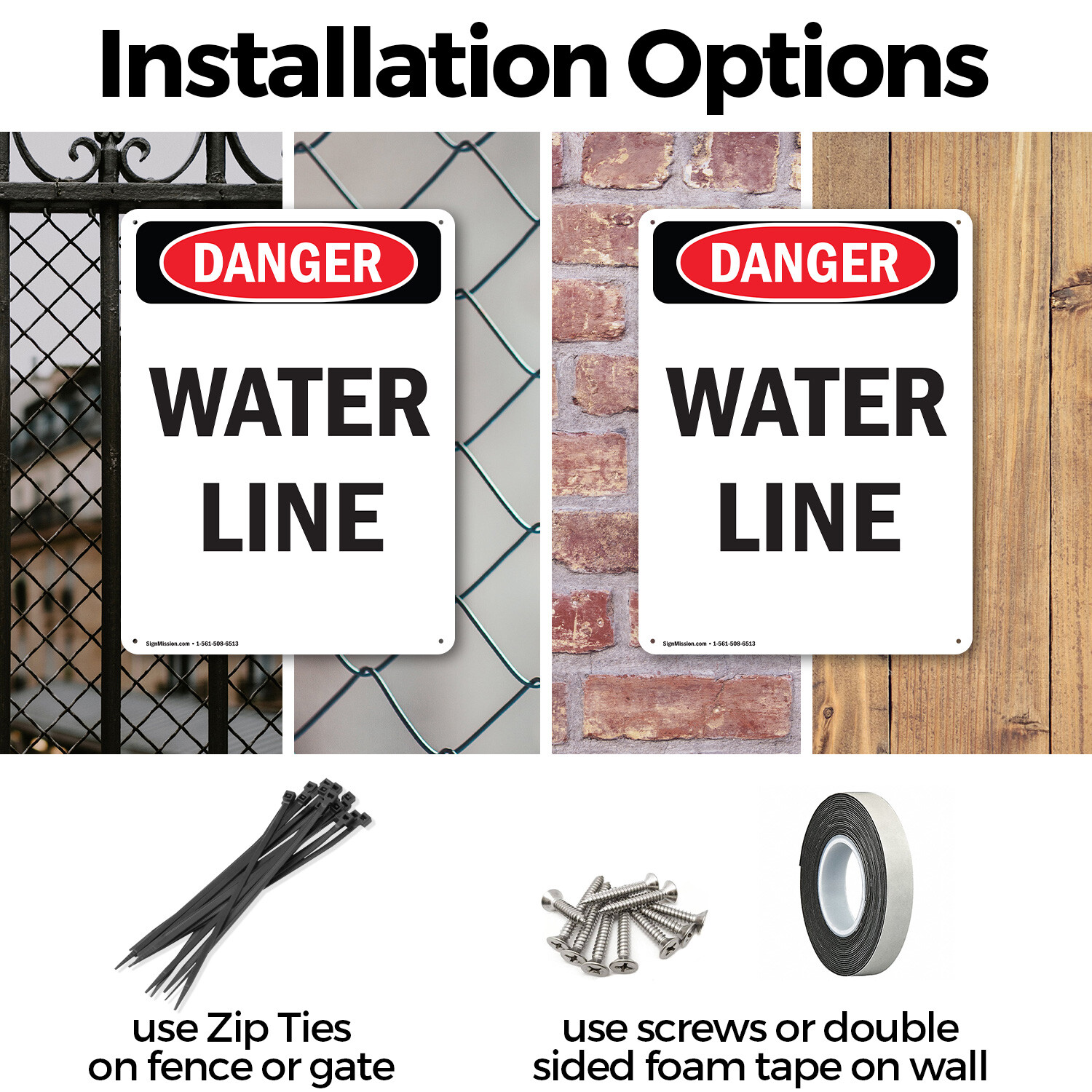 (2 Pack) Portrait Water Line OSHA Danger Sign Decal Metal Plastic
