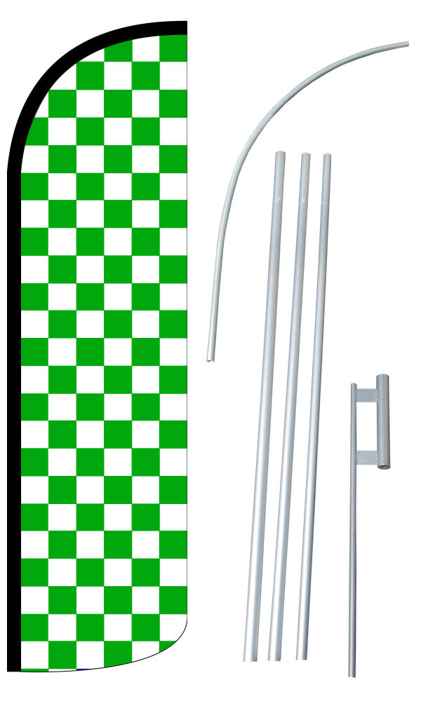 Green & White Checkered Extra Wide Windless Swooper Flag Bundle