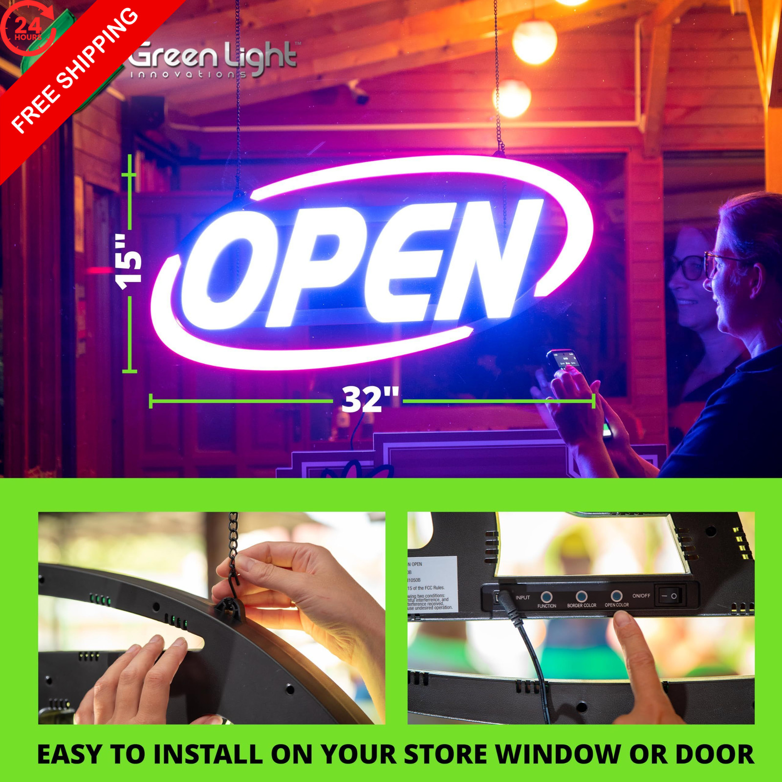 Green Light Innovations Super-Bright LED Open Sign for 15&Prime; x 32&Prime;, Multi Color