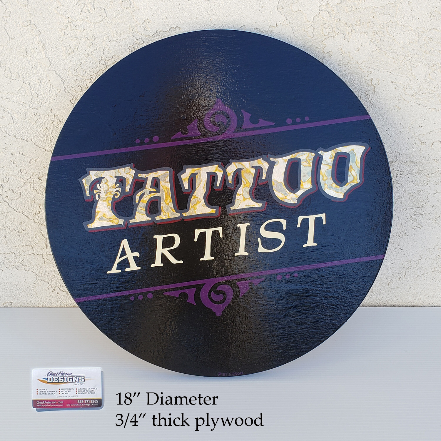 Tattoo Artist Hand Painted Gilded Sign 18&Prime; diameter