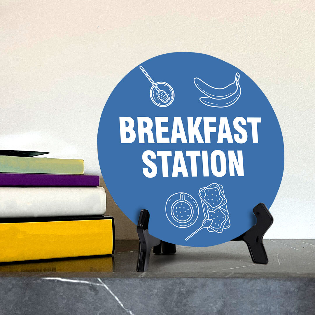 Breakfast Station Circle Table Sign with Acrylic Stand