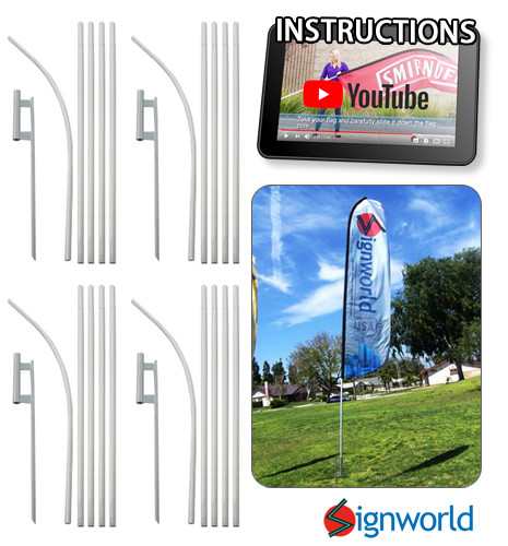 4 PACK – Feather Flutter Swooper Flag 16&prime; POLE + SPIKE Ground Stake Mount KIT