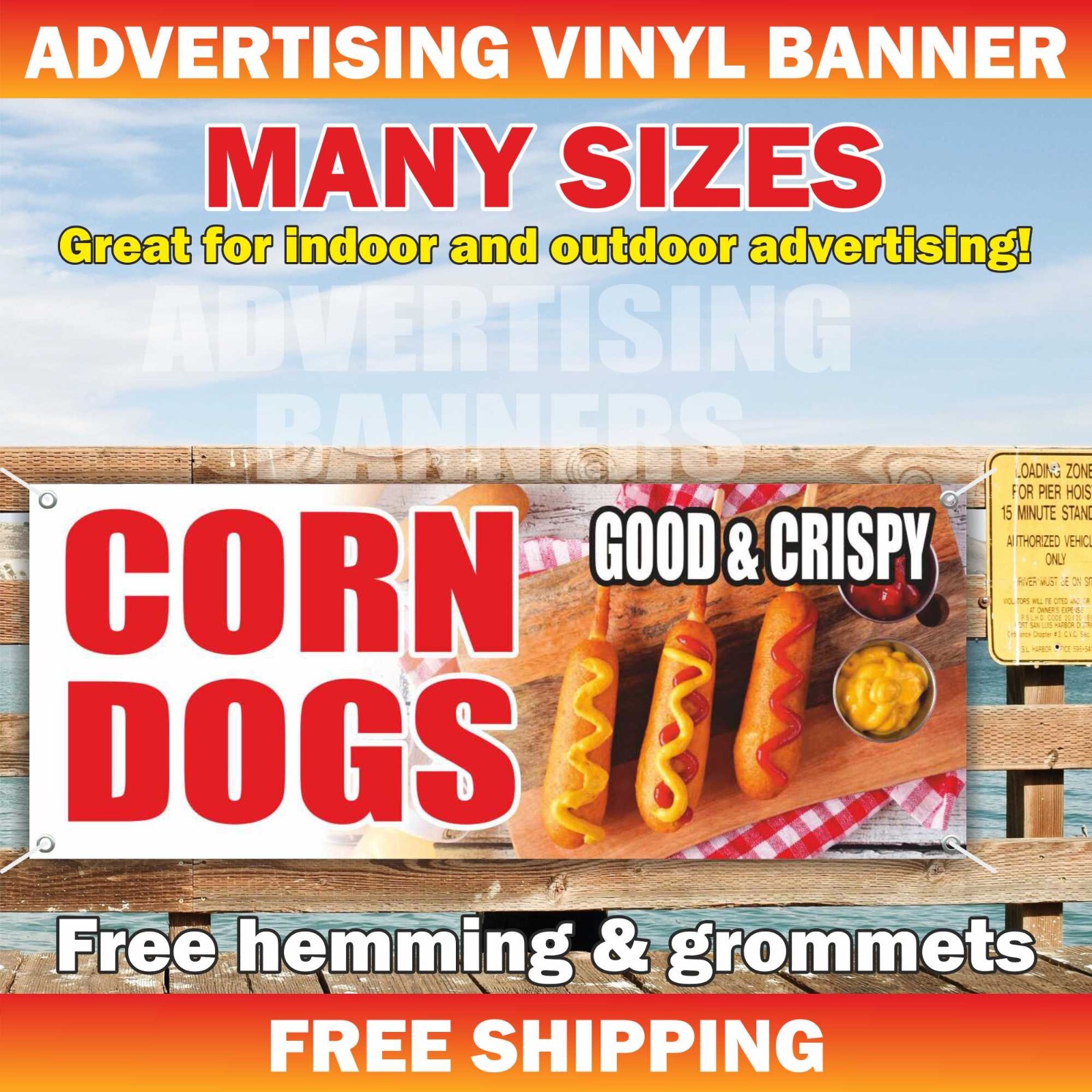 CORN DOGS Advertising Banner Vinyl Mesh Sign GOOD & CRISPY HOTDOGS sausage food