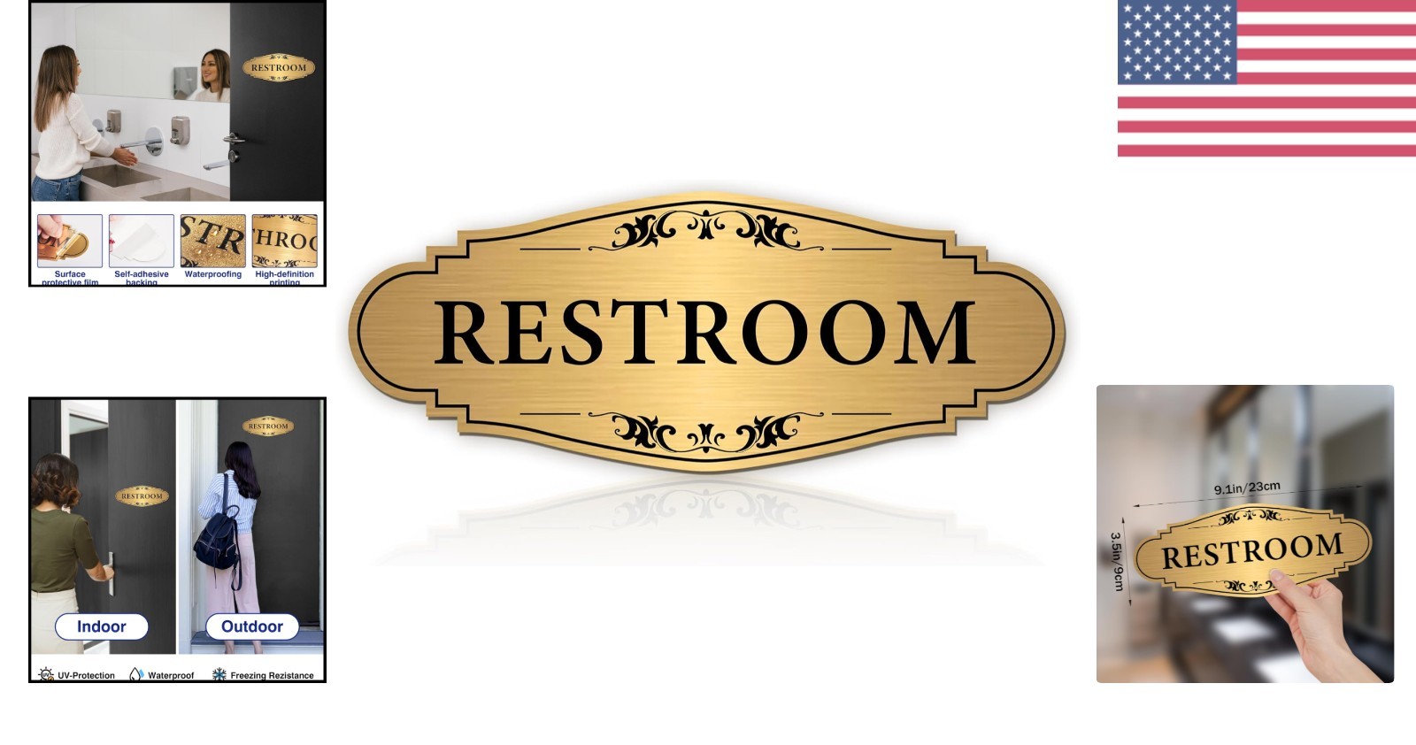 Waterproof Gold Restroom Sign – Unisex Design for Home & Business
