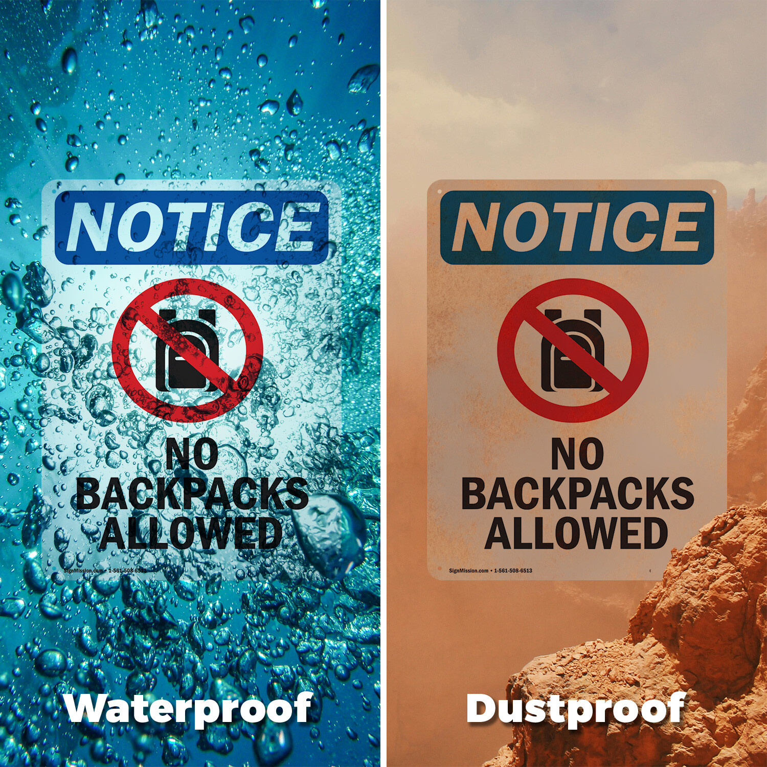 (2 Pack) No Backpacks Allowed OSHA Notice Sign Decal Metal Plastic