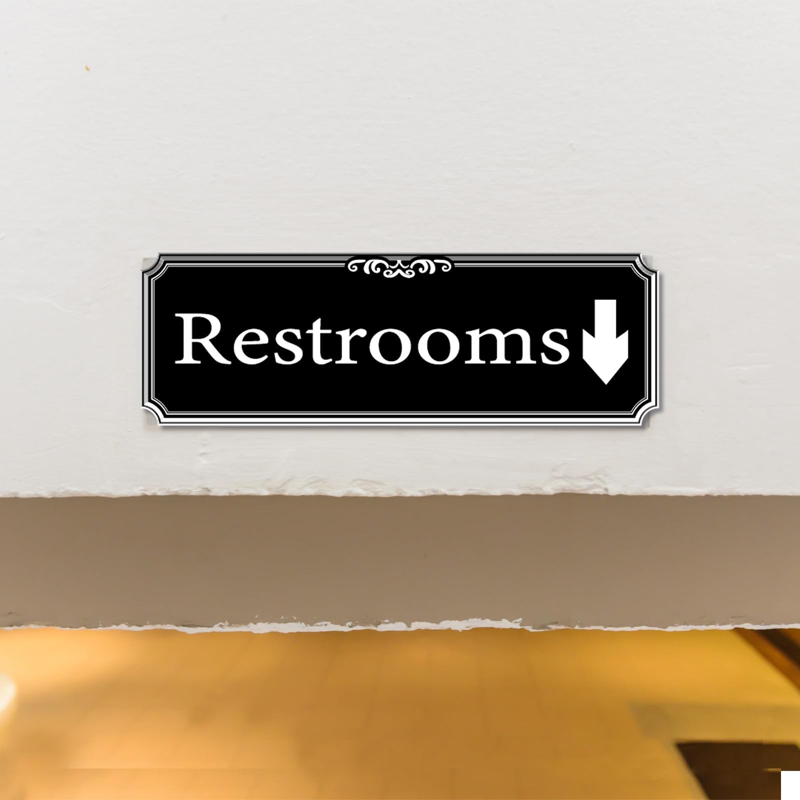 9×3 Inch Down Arrow Restroom Sign Self Adhesive Door Wall Office Plaque Black