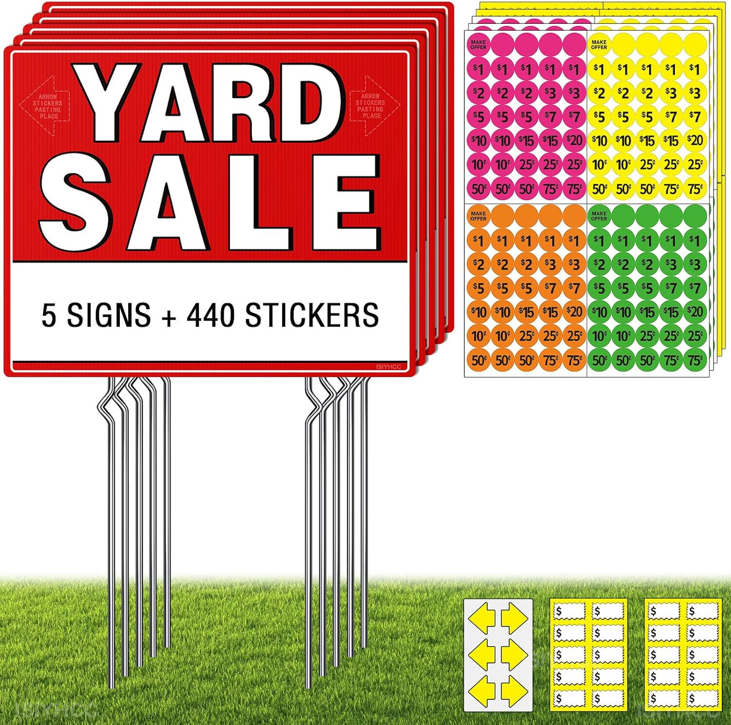 5-Pack Yard Sale Signs with Metal Stakes & 440 Price Stickers – Large 17X13&Prime; Dou