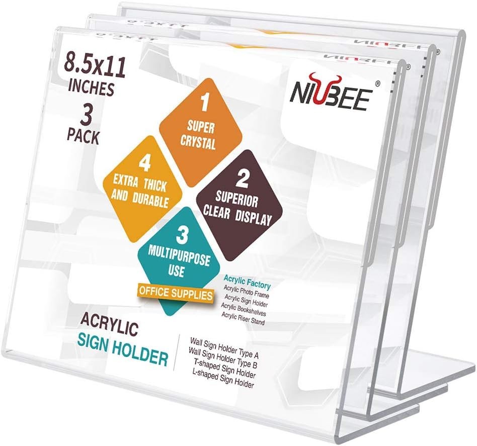 NIUBEE Acrylic Sign Holder 8.5×11 Inches 3 Pack Landscape, 8.5×11&Prime;, Clear