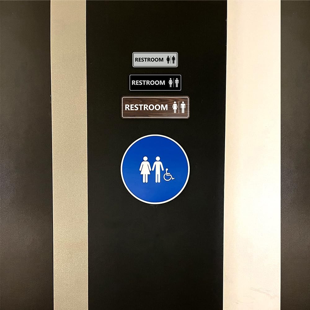 1 PC Standard All Gender Restroom Sign Blue Medium Wall Door Adhesive Mounts