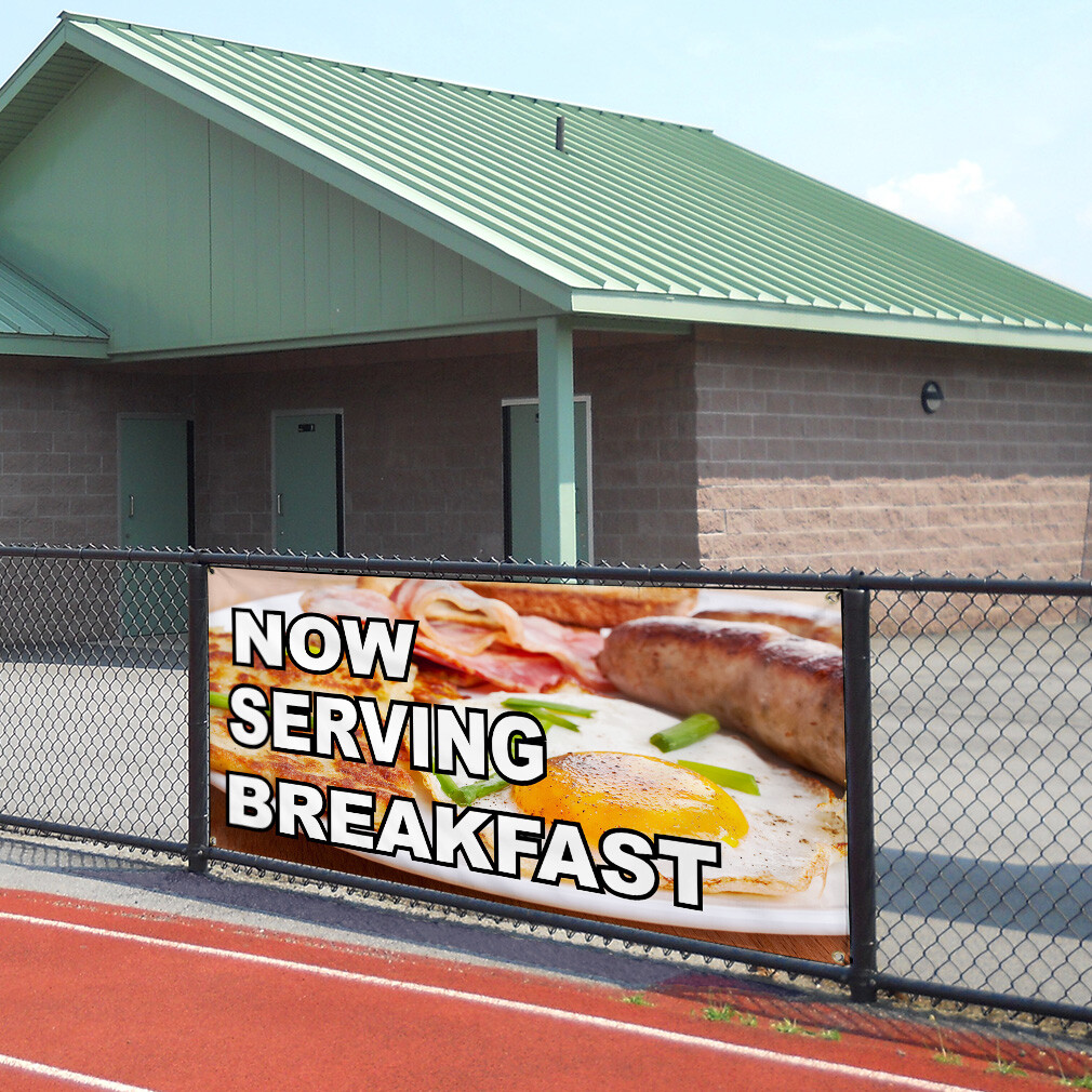 Vinyl Banner Multiple Sizes Now Serving Breakfast Business D Lifestyle Outdoor