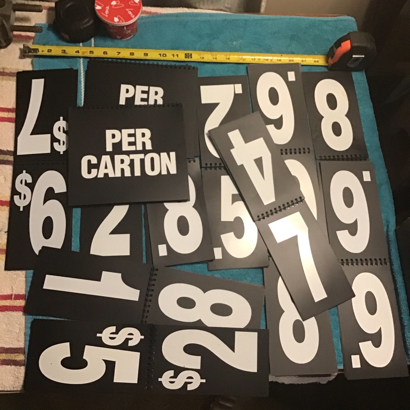 White BLACK Spiral flip book Numbers Words Signage Prices sign 0-9 $ count 14