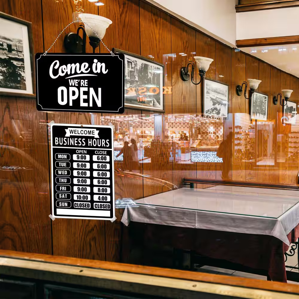 Black Double-Sided Open Closed Sign with Business Hours Set for Store Restaurant